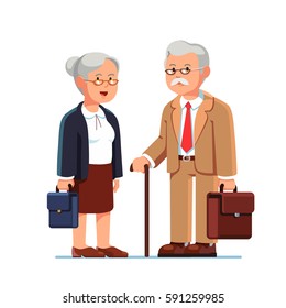 Old Business Man And Woman Standing Together With Their Suitcases. Two Aged Grey Haired Office Workers. Elderly People Being Retired. Flat Style Modern Vector Illustration Isolated On White Background