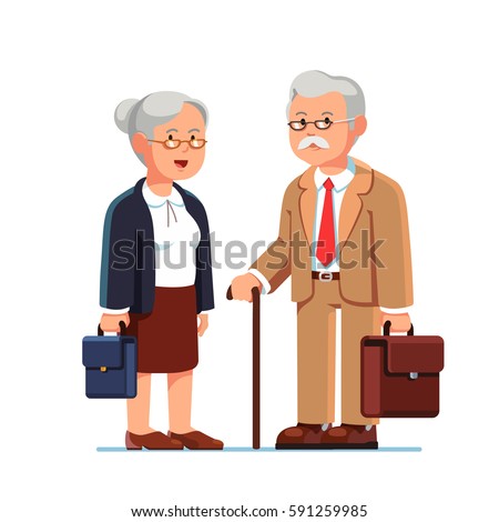 Old business man and woman standing together with their suitcases. Two aged grey haired office workers. Elderly people being retired. Flat style modern vector illustration isolated on white background