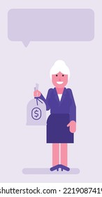 Old business woman holding money bag and smiling. Flat people. Vector illustration