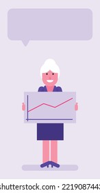 Old Business Woman Holding Sign With Positive Business Graph. Flat People. Vector Illustration