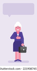 Old Business Woman Holding Suitcase And Keeps Hand On Chest. Flat People. Vector Illustration