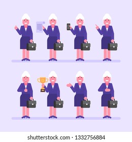 Old business woman holds suitcase and various objects. Character set. Vector Illustration