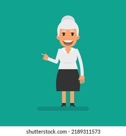 Old business woman points finger to and smiles. Flat people. Vector Illustration