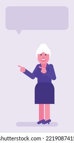 Old Business Woman Three Quarters Face Pointing Fingers And Smiling. Flat People. Vector Illustration