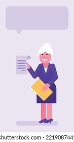 Old business woman three quarters face holding documents and folder. Flat people. Vector illustration