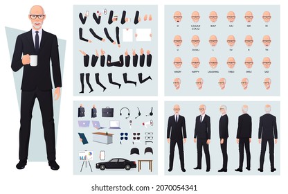 Old Businessman in black suit Character Creation Set, Front, Side, Back view animated character Man Premium Vector