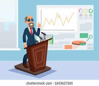 Old Businessman Characters Speaking at Tribune with Microphone. Aged Senior Professor Giving Speech at Conference. Public Speaker Cartoon. Flat Dashboard with Graphs and Charts. Vector Illustration