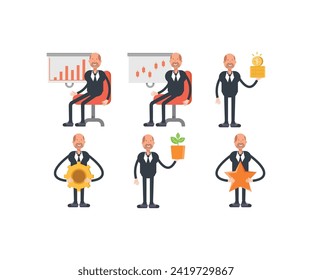 old businessman characters in various poses set vector illustration
