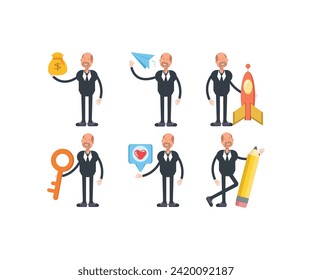 old businessman characters in various poses set vector illustration