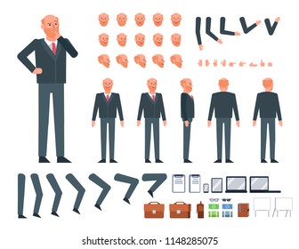 Old businessman creation kit. Create your own action, pose, animation. Various design elements, gestures, avatars. Flat design vector illustration