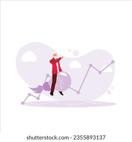 Viejo empresario volando sobre un cohete de bombilla en un creciente fondo gráfico. Concepto de aumento de la productividad. Ilustración plana vectorial moderna de tendencia