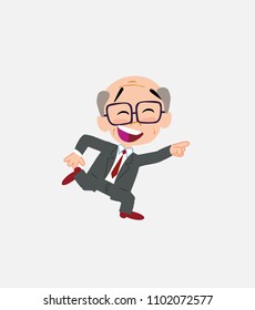 Old businessman with glasses running smiling.