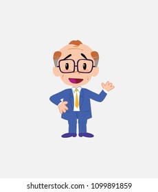 Old businessman with glasses waving, happy.