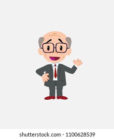 Old businessman with glasses waving, happy.