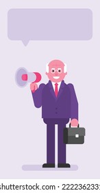 Old businessman holding suitcase and megaphone. Flat people. Vector illustration