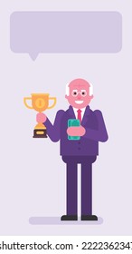 Old businessman holding wad money and golden cup. Flat people. Vector illustration