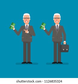 Old businessman holds bundle money holds suitcase and smiling. Business people. Vector illustration.