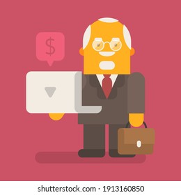 Old businessman holds laptop and suitcase. Vector character. Vector illustration