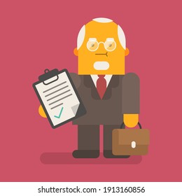 Old businessman holds tablet and suitcase. Vector character. Vector illustration