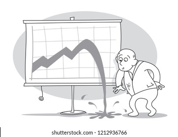 Viejo hombre de negocios sorprendido por el gráfico de la curva de crecimiento y no puede creer que haya ocurrido una crisis. Ilustración vectorial de dibujos animados