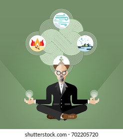 Old businessman in lotus pose meditating