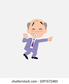 Old businessman pointing to something funny on his left.