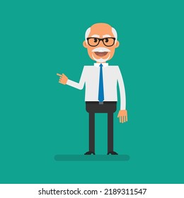 Old businessman points finger to and smiles. Flat people. Vector Illustration