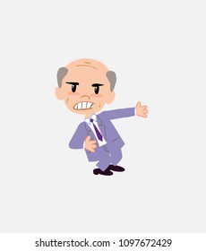 Old businessman shows very angry something to his left.