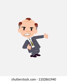 Old businessman shows very angry something to his left.