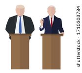 old businessman speaks to people from tribune. Flat tribune Icon web. Business debates. Vector illustration