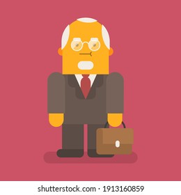 Old businessman in suit and holds suitcase. Vector character. Vector illustration