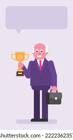Old businessman three quarters face holding suitcase and golden cup. Flat people. Vector illustration