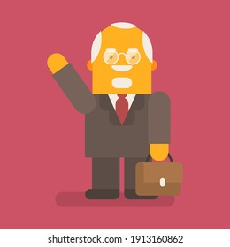 Old businessman waving and smiling. Vector character. Vector illustration