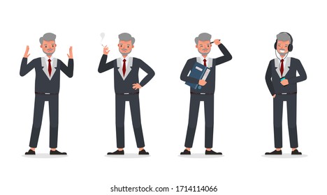 Old businessman working in office character vector design. Presentation in various action.