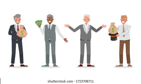 Old businessman working in office character vector design. Presentation in various action.