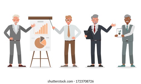 Old businessman working in office character vector design. Presentation in various action.