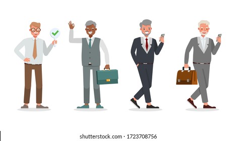 Old businessman working in office character vector design. Presentation in various action.