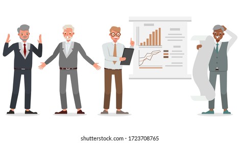 Old businessman working in office character vector design. Presentation in various action.
