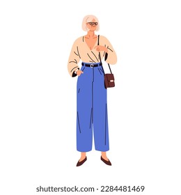 Old businesswoman in modern fashion outfit. Elderly business woman in stylish clothes and glasses. Smiling office worker, employee of senior age. Flat vector illustration isolated on white background