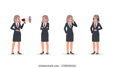 Old businesswoman working in office character vector design. Presentation in various action.