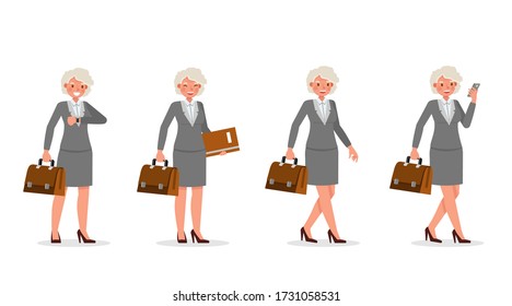 Old businesswoman working in office character vector design. Presentation in various action.