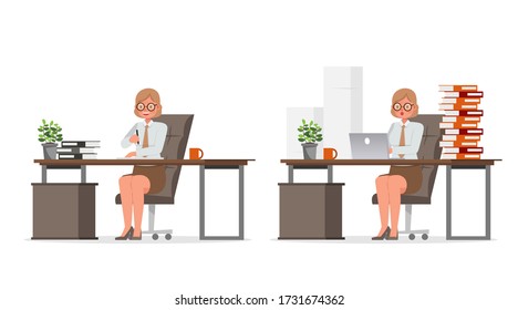 Old businesswoman working in office character vector design. Presentation in various action.