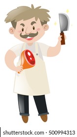 Old butcher with knife and pork leg illustration