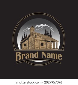 Old Cabin Near Mountain Vector Logo 