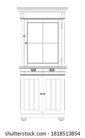 Old cabinet wireframe from black lines isolated on white background. Front view. 3D. Vector illustration