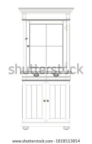 Old cabinet wireframe from black lines isolated on white background. Front view. 3D. Vector illustration