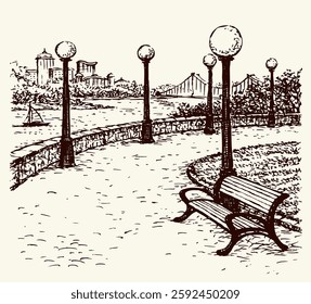 Old calm europe place canal boat pond quay bay bank square way grass lawn hill white morn sky scene text space. Black Line hand drawn relax rest stone walkway wood scenic view doodle outline art style