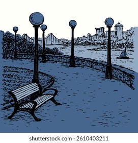 Old calm europe place canal boat pond quay bay bank square way grass lawn hill white morn sky scene text space. Black Line hand drawn relax rest stone walkway wood scenic view doodle outline art style