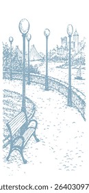 Old calm europe place canal boat pond quay bay bank square way grass lawn hill white morn sky scene text space. Black Line hand drawn relax rest stone walkway wood scenic view doodle outline art style
