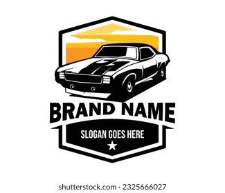 old camaro car silhouette. front view on white background with amazing sunset view. Best for logo, badge, emblem, icon, design sticker, vintage car industry.